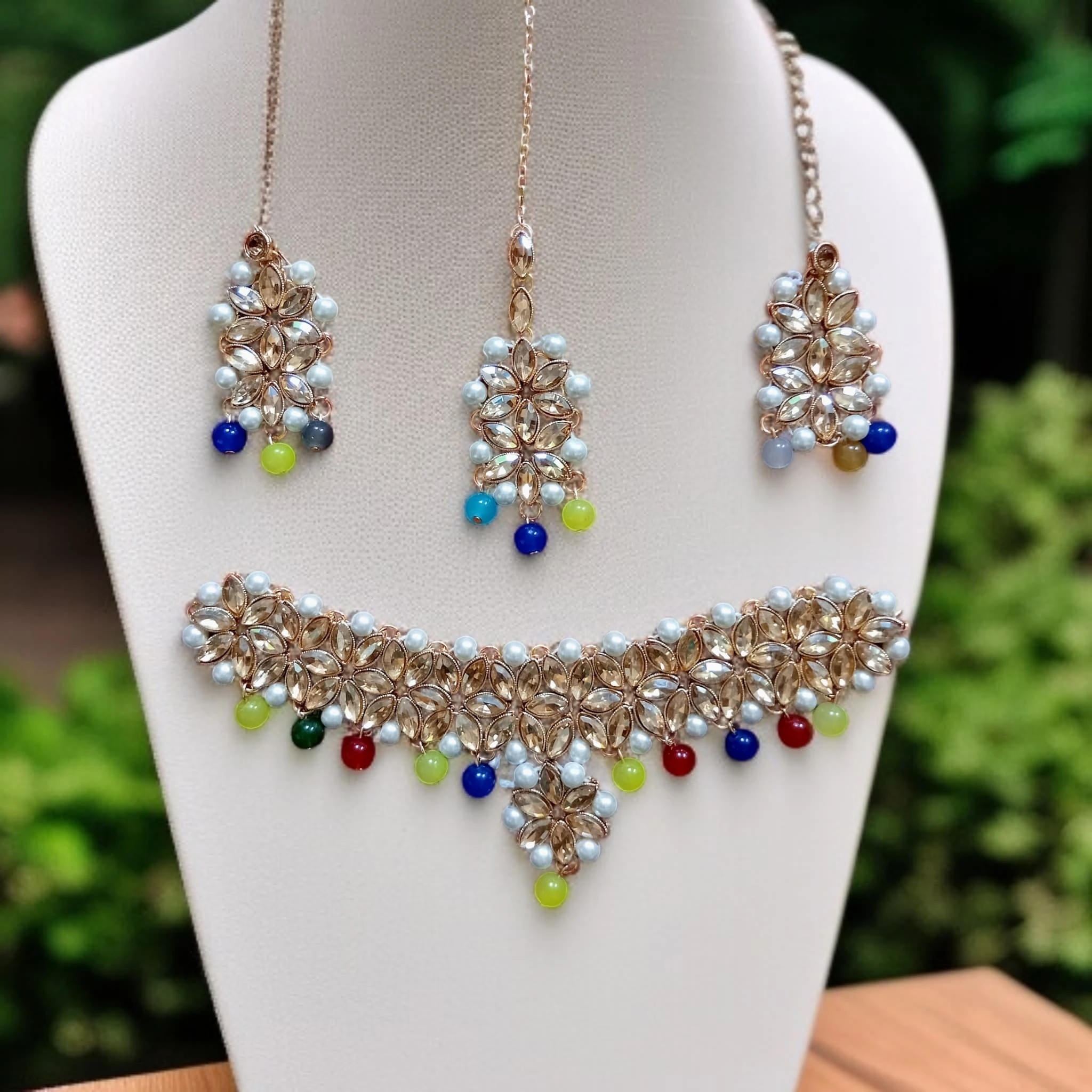 Buy multi colour jewellery set with necklace , earrings and tikka at best price in pakistan Qureshi products