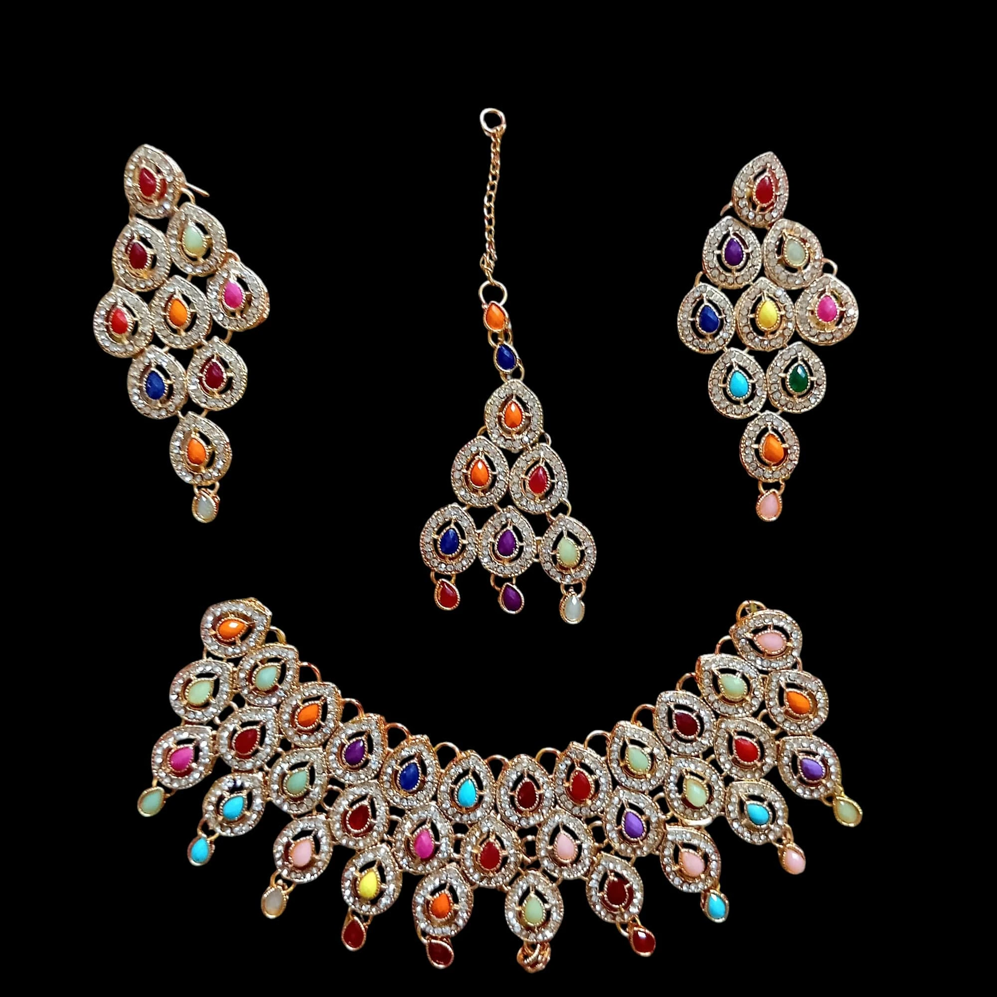Buy multi colour jewellery set with necklace , earrings and tikka at best price in pakistan - Qureshi products