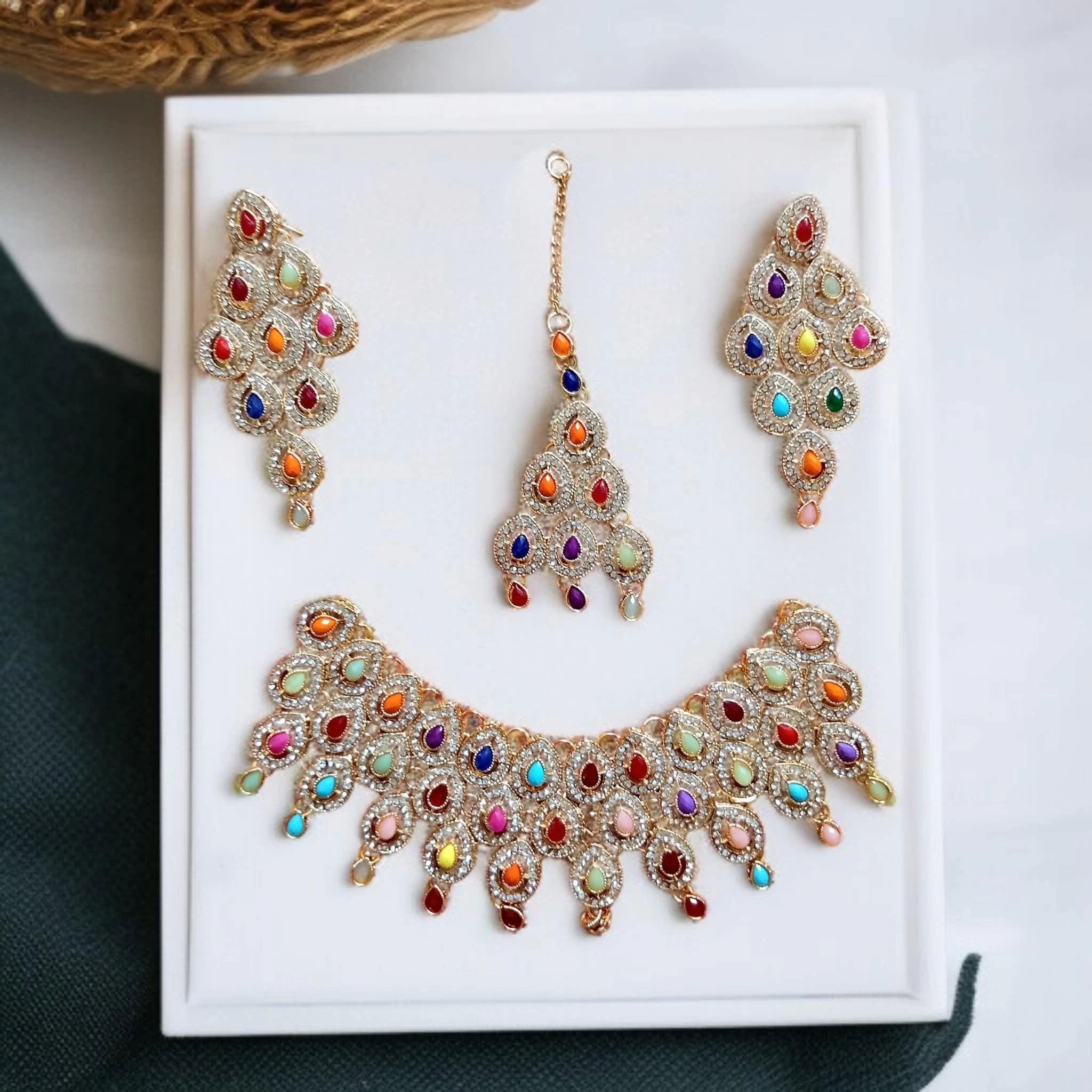 Buy multi colour jewellery set with necklace , earrings and tikka at best price in pakistan - Qureshi products