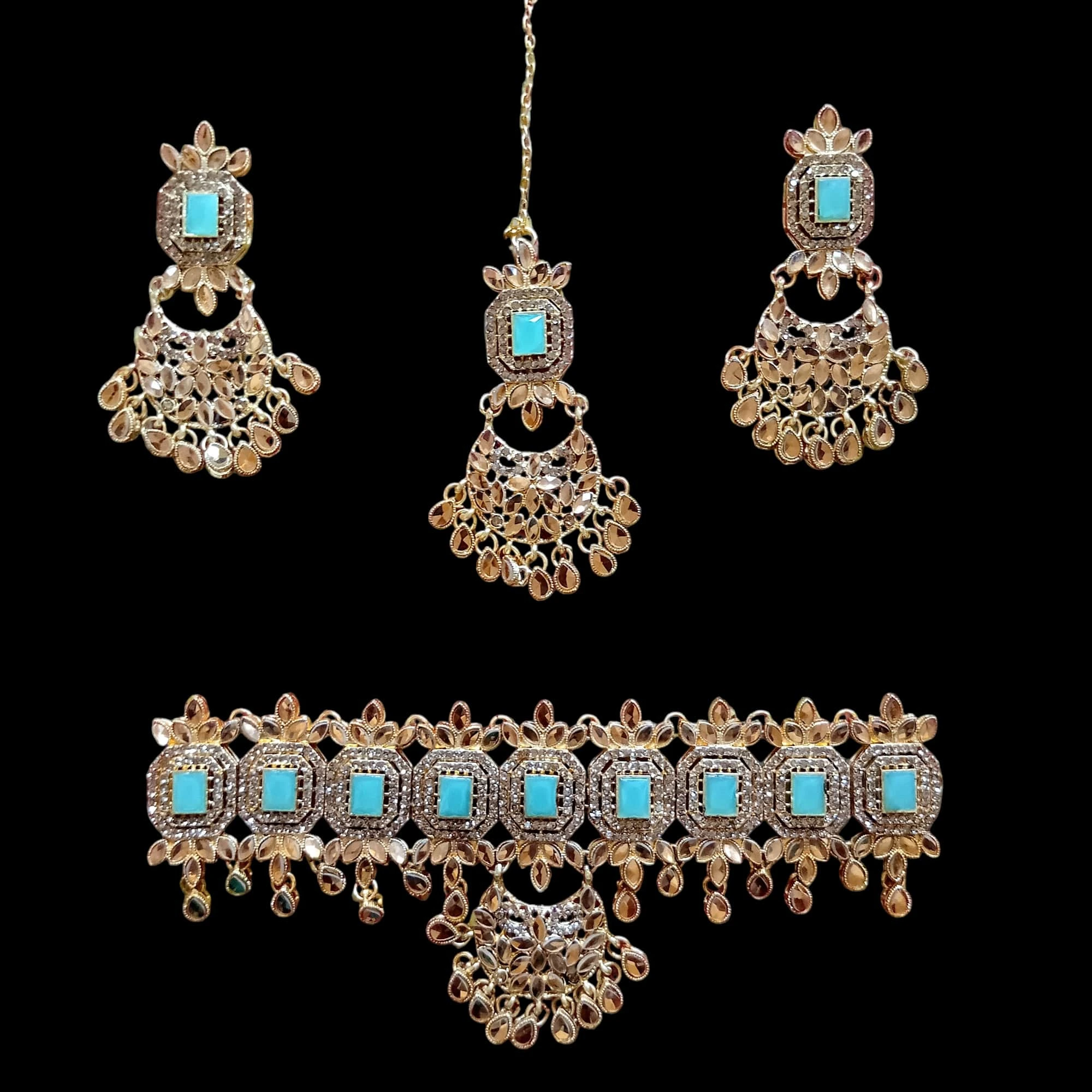 Buy cyan and gold colour jewellery set with necklace , earrings and tikka at best price in pakistan - Qureshi products