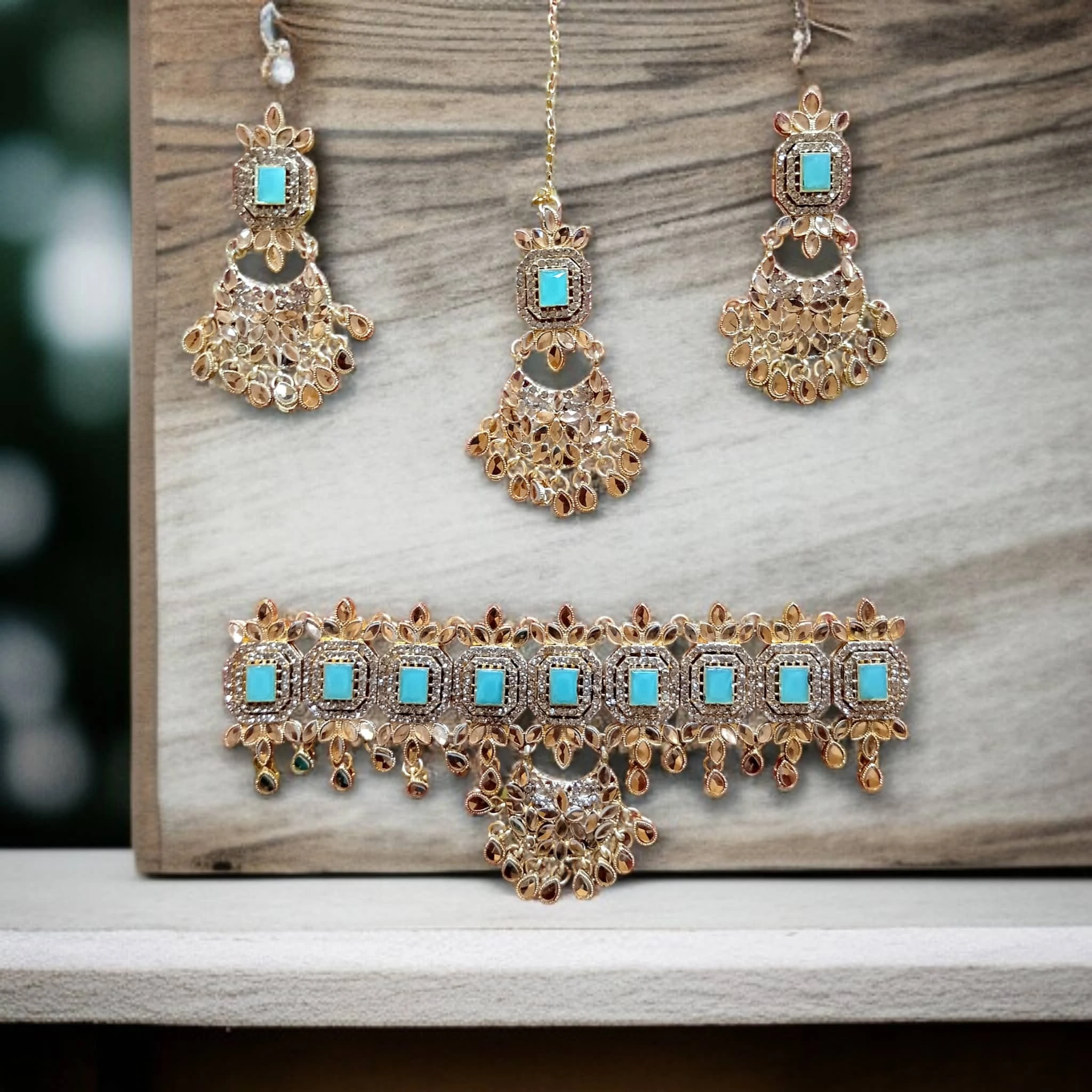 Buy cyan and gold colour jewellery set with necklace , earrings and tikka at best price in pakistan - Qureshi products