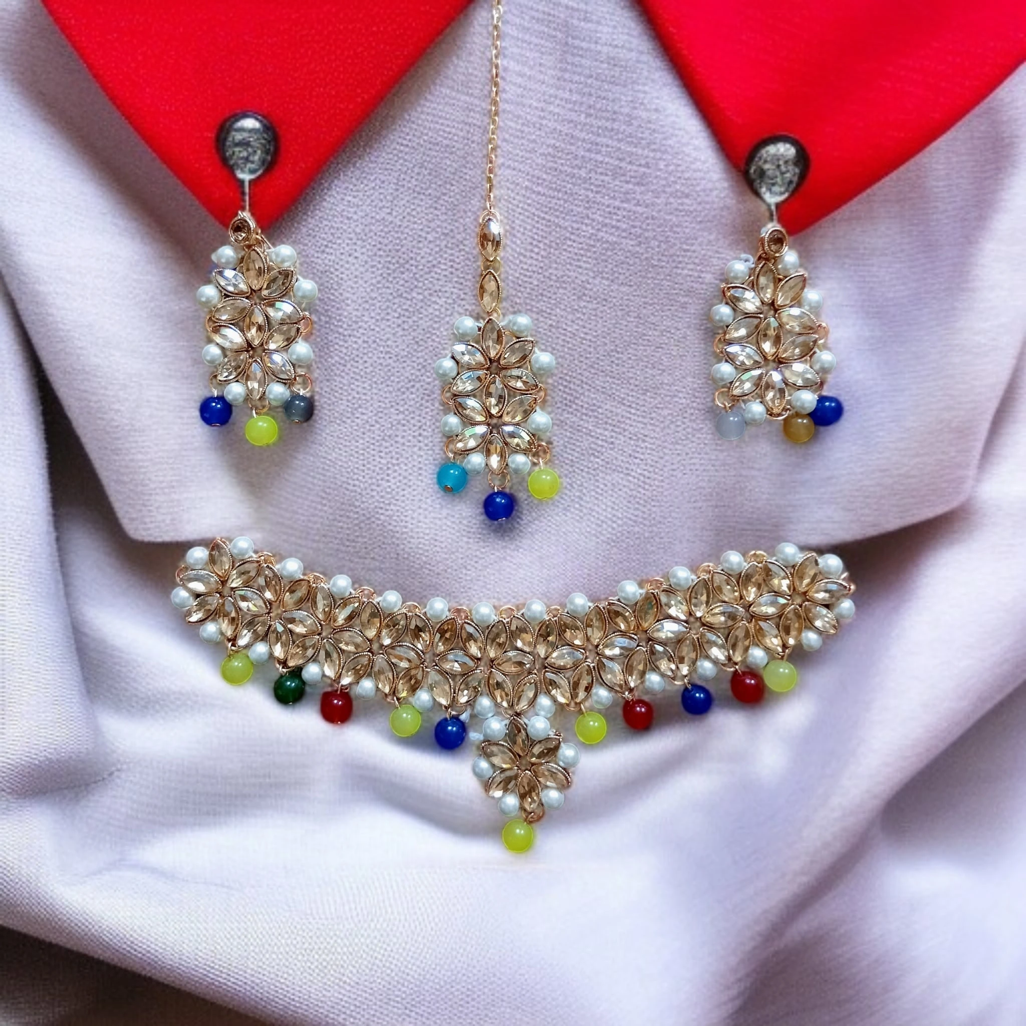 Buy multi colour jewellery set with necklace , earrings and tikka at best price in pakistan Qureshi products
