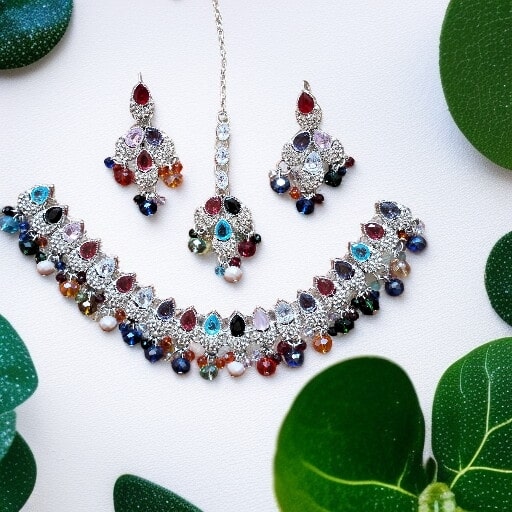 Buy multi colour jewellery set with necklace , earrings and tikka at best price in Pakistan